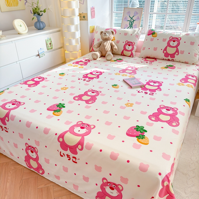 91家纺网 家纺一手货源 找家纺 清雅福 2024新款全棉13372小清新单床单 开心草莓熊