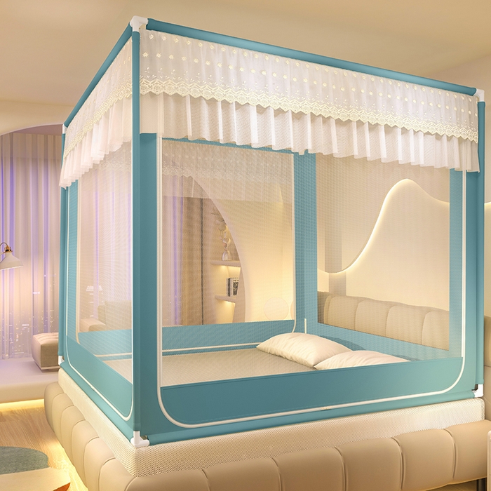 91家纺网 家纺一手货源 找家纺 青竹苑 2024新款铃兰花开外穿蕾丝花边坐床蚊帐 铃兰花开-孔雀绿