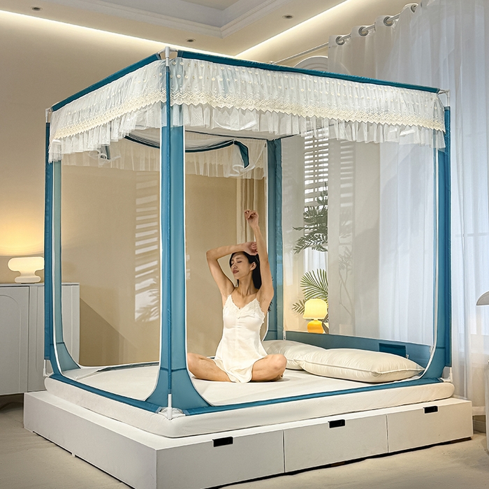 91家纺网 家纺一手货源 找家纺 青竹苑 2024新款铃兰花开外穿蕾丝花边坐床蚊帐 铃兰花开-孔雀绿