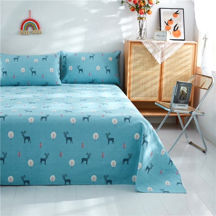 91家纺网 家纺一手货源 找家纺 棉乐町家居 2025新款爆款印花老粗布床单系列 麋鹿-蓝