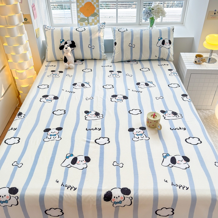 91家纺网 家纺一手货源 找家纺 清雅福 2024新款全棉13372小清新单床单 条纹狗狗