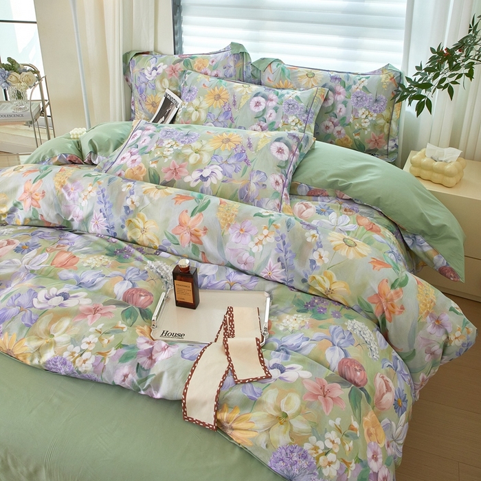 91家纺网 家纺一手货源 找家纺 启航家居 2025春夏全棉铂金棉数码印花四件套 洛香忆梦绿