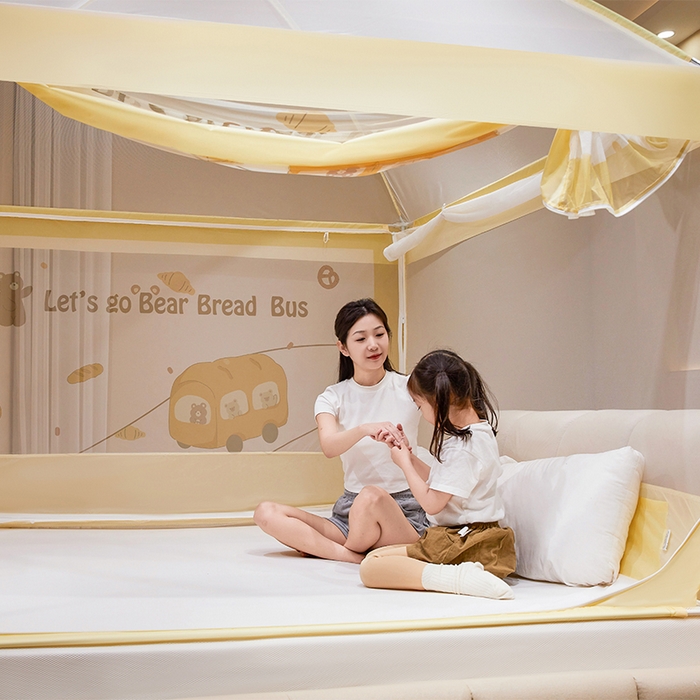 91家纺网 家纺一手货源 找家纺 青竹苑 2024新款围栏款印花坐床蚊帐蒙古包防摔睡帐 围栏-熊熊巴士