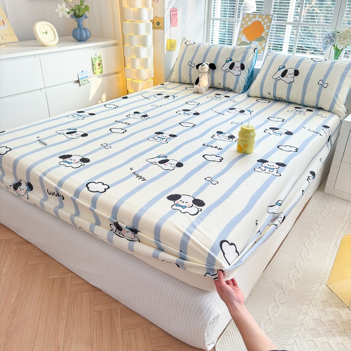 91家纺网 家纺一手货源 找家纺 清雅福 2024新款全棉13372小清新单床笠 条纹狗狗