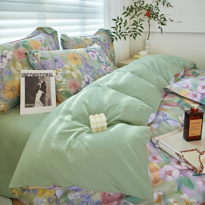 91家纺网 家纺一手货源 找家纺 启航家居 2025春夏全棉铂金棉数码印花四件套 洛香忆梦绿