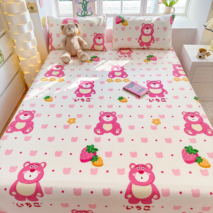 91家纺网 家纺一手货源 找家纺 清雅福 2024新款全棉13372小清新单床单 开心草莓熊