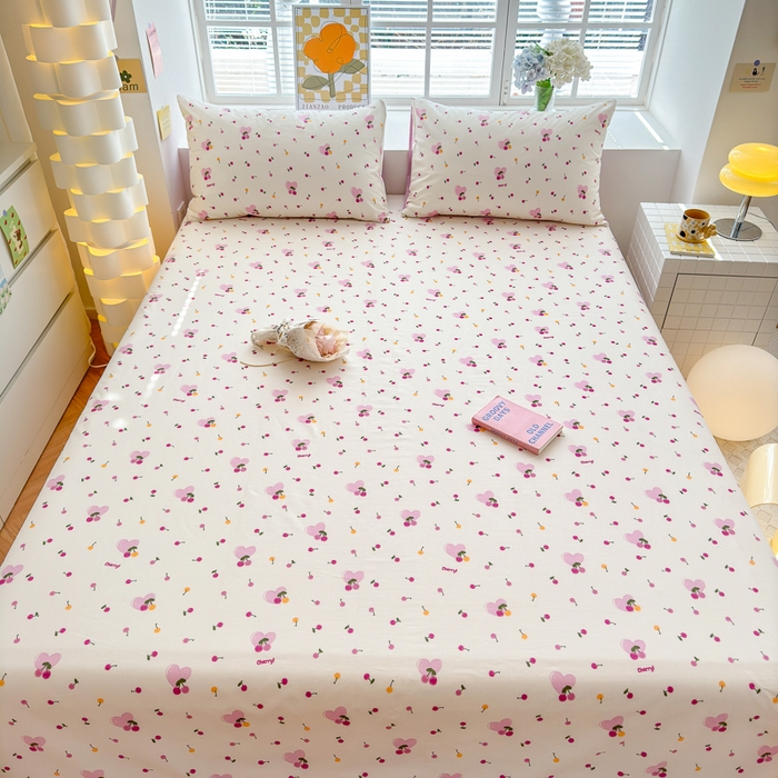 91家纺网 家纺一手货源 找家纺 清雅福 2024新款全棉13372小清新单床单 爱心樱桃