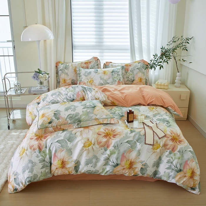 91家纺网 家纺一手货源 找家纺 启航家居 2025春夏全棉铂金棉数码印花四件套 花的旅途桔