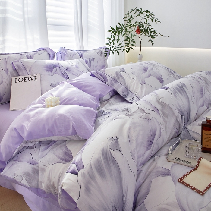 91家纺网 家纺一手货源 找家纺 启航家居 2025春夏全棉铂金棉数码印花四件套 步步生莲紫