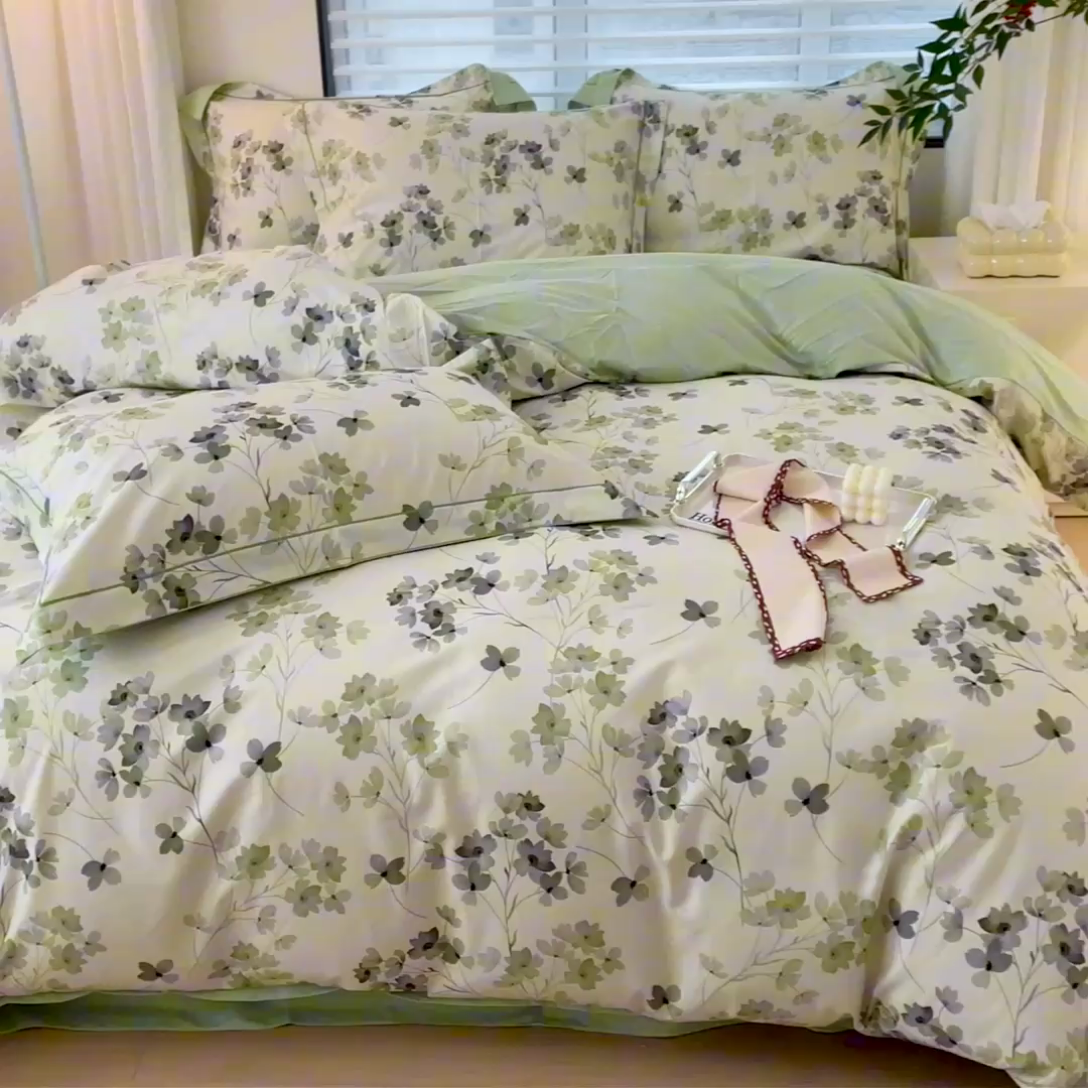 91家纺网 家纺一手货源 找家纺 启航家居 2025春夏全棉铂金棉数码印花四件套 淡墨香黄