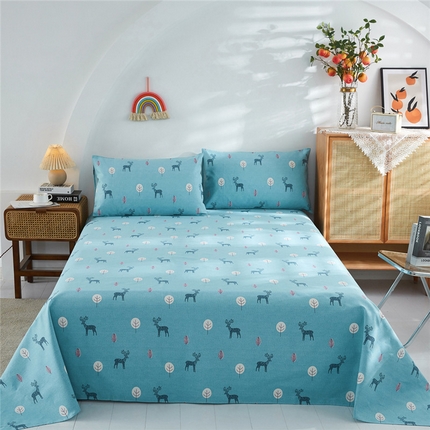 91家纺网 家纺一手货源 找家纺 棉乐町家居 2025新款爆款印花老粗布床单系列 麋鹿-蓝