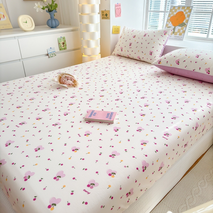 91家纺网 家纺一手货源 找家纺 清雅福 2024新款全棉13372小清新单床笠 爱心樱桃