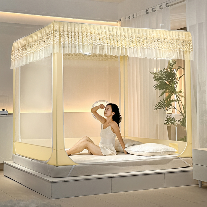 91家纺网 家纺一手货源 找家纺 青竹苑 2024新款内穿蕾丝花边坐床蚊帐 爱丽丝-嫩黄