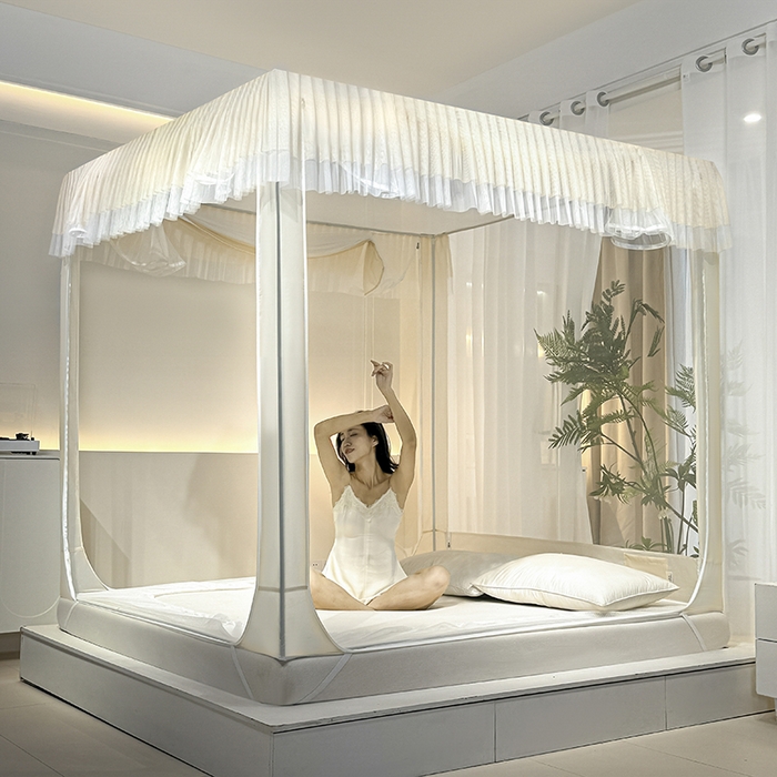 91家纺网 家纺一手货源 找家纺 青竹苑 2024新款内穿蕾丝花边坐床蚊帐 初夏-米色