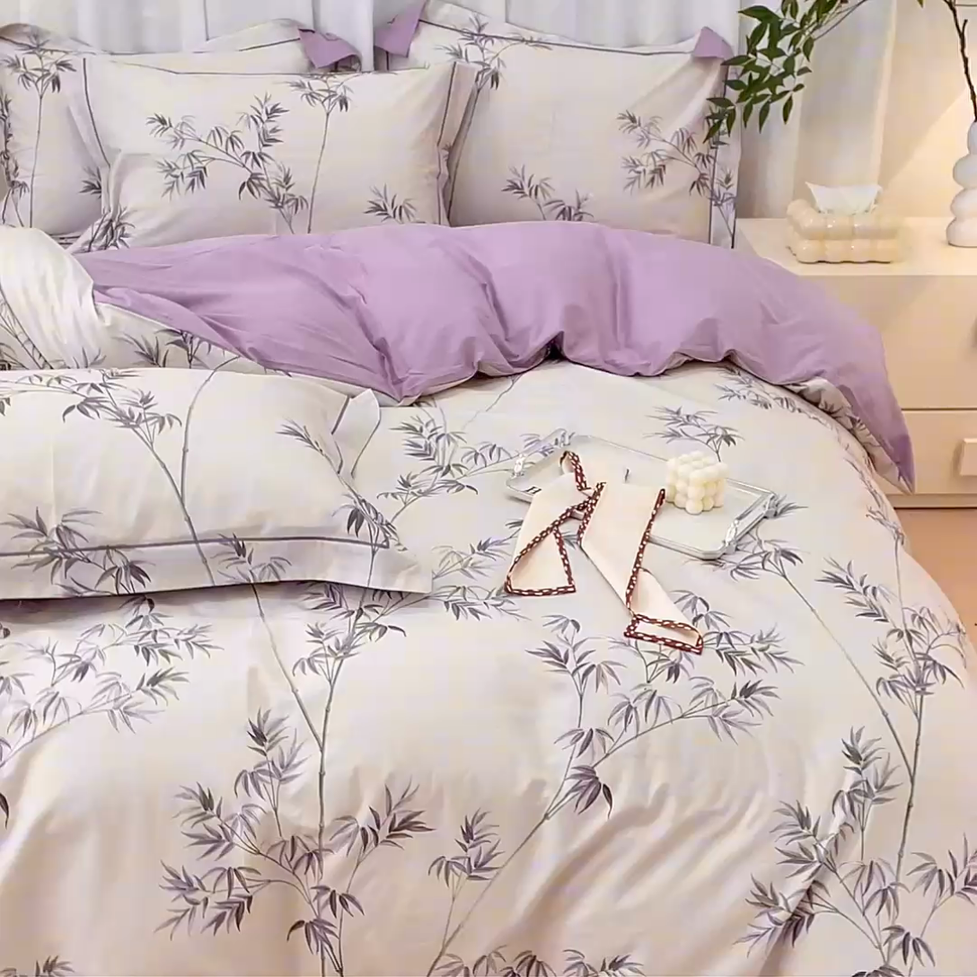 91家纺网 家纺一手货源 找家纺 启航家居 2025春夏全棉铂金棉数码印花四件套 宫墙柳紫