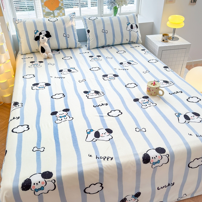 91家纺网 家纺一手货源 找家纺 清雅福 2024新款全棉13372小清新单床单 条纹狗狗