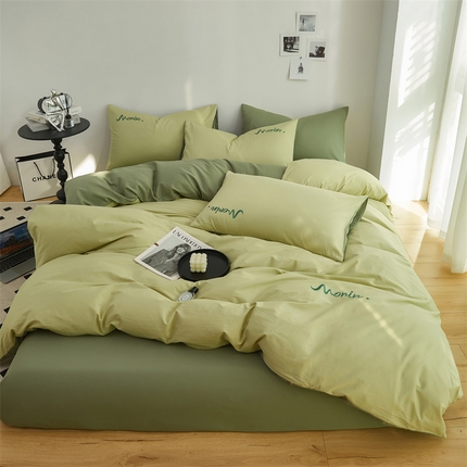 91家纺网 家纺一手货源 找家纺 多品家纺 2024新款全棉纯色绣花四件套 豆绿+深绿