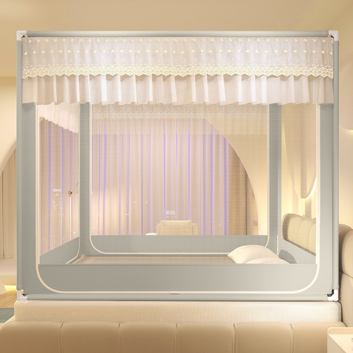 91家纺网 家纺一手货源 找家纺 青竹苑 2024新款铃兰花开外穿蕾丝花边坐床蚊帐 铃兰花开-简灰