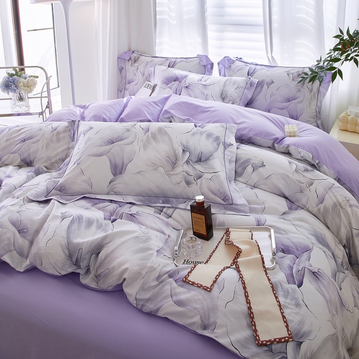 91家纺网 家纺一手货源 找家纺 启航家居 2025春夏全棉铂金棉数码印花四件套 步步生莲紫