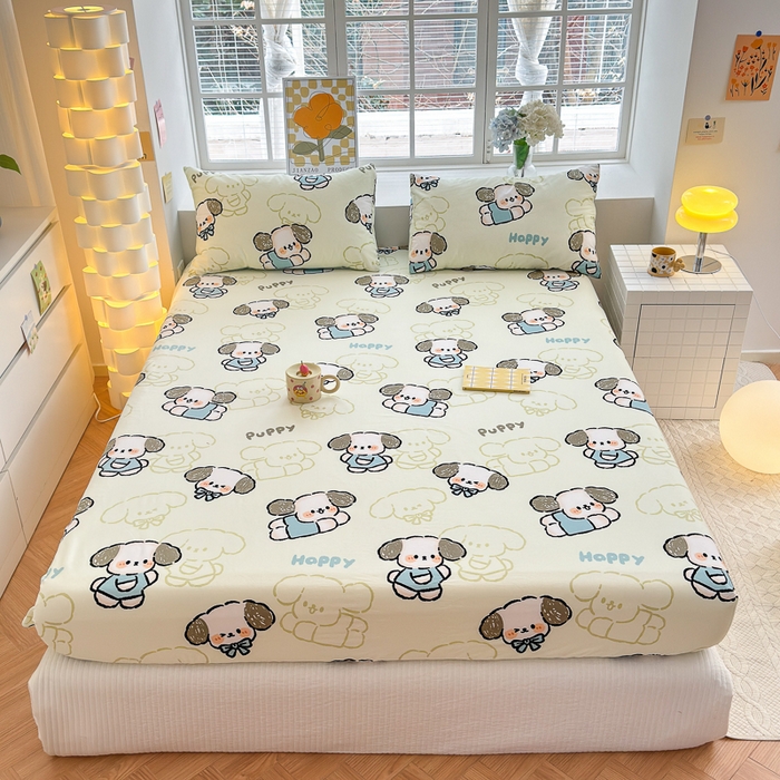 91家纺网 家纺一手货源 找家纺 清雅福 2024新款全棉13372小清新单床笠 班尼狗