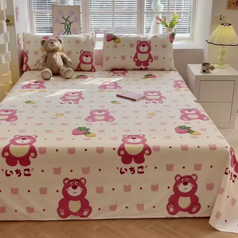 91家纺网 家纺一手货源 找家纺 清雅福 2024新款全棉13372小清新单床单 开心草莓熊