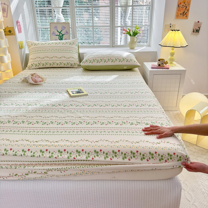 91家纺网 家纺一手货源 找家纺 清雅福 2024新款全棉13372小清新单床笠 甜心藤