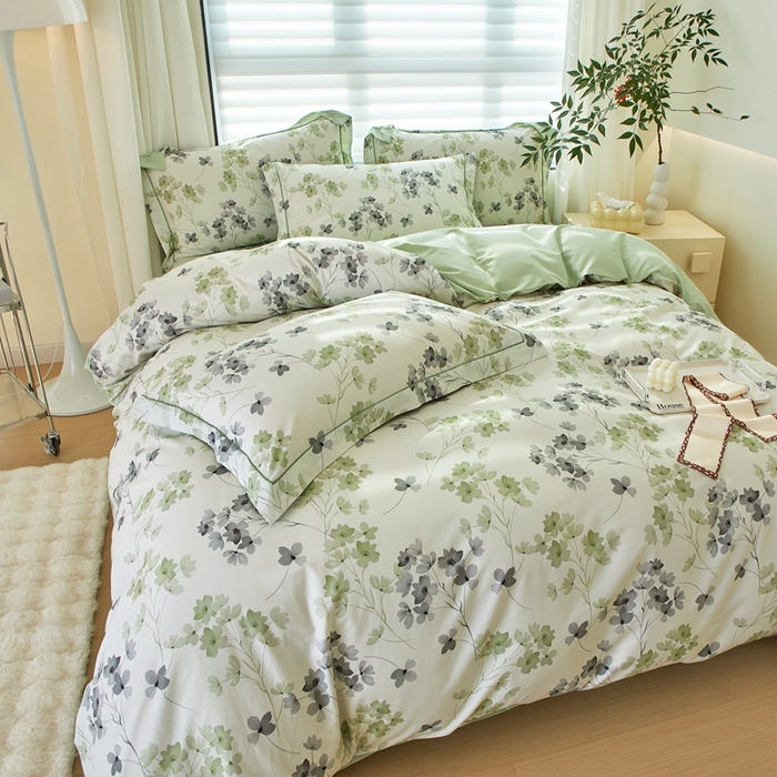 91家纺网 家纺一手货源 找家纺 启航家居 2025春夏全棉铂金棉数码印花四件套 淡墨香黄