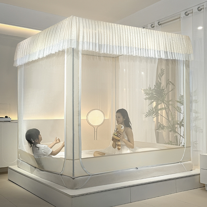 91家纺网 家纺一手货源 找家纺 青竹苑 2024新款内穿蕾丝花边坐床蚊帐 初夏-米色