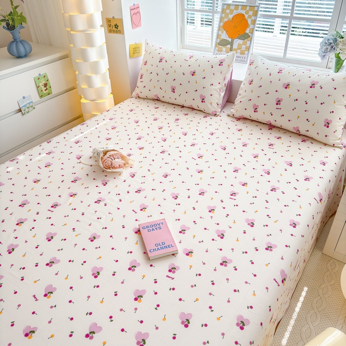 91家纺网 家纺一手货源 找家纺 清雅福 2024新款全棉13372小清新单床单 爱心樱桃