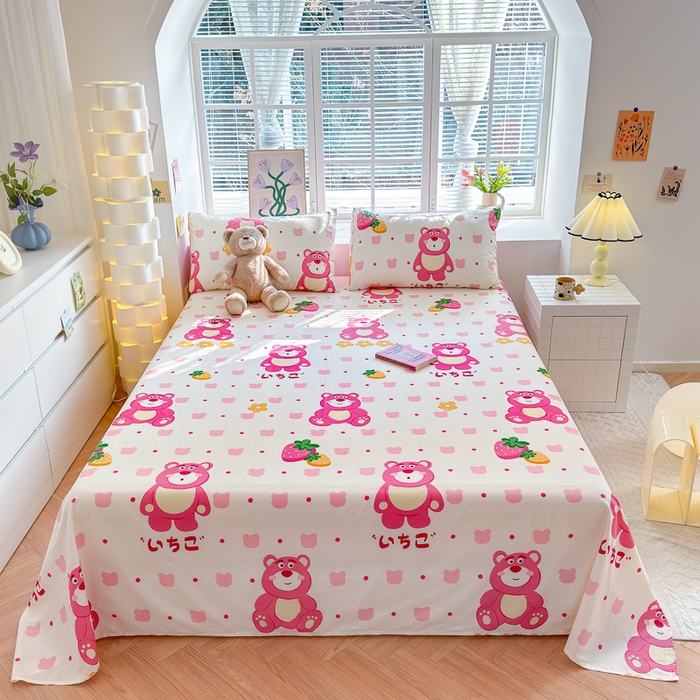 91家纺网 家纺一手货源 找家纺 清雅福 2024新款全棉13372小清新单床单 开心草莓熊