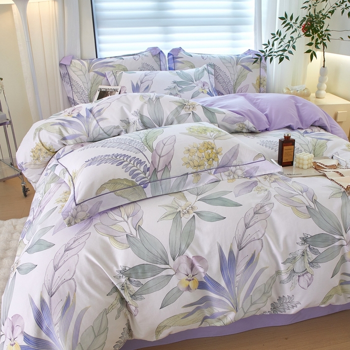 91家纺网 家纺一手货源 找家纺 启航家居 2025春夏全棉铂金棉数码印花四件套 花意飘香紫