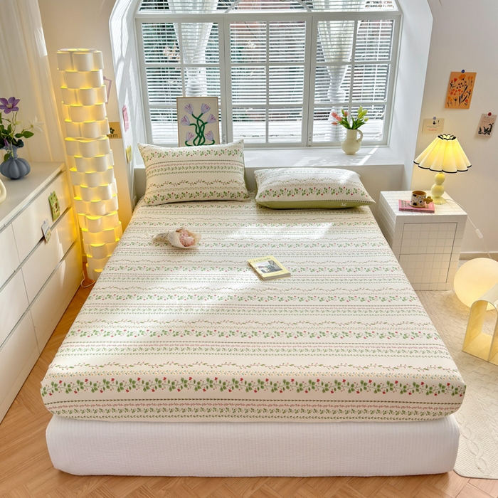 91家纺网 家纺一手货源 找家纺 清雅福 2024新款全棉13372小清新单床笠 甜心藤