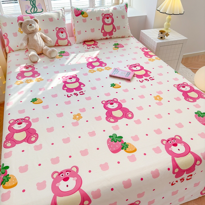 91家纺网 家纺一手货源 找家纺 清雅福 2024新款全棉13372小清新单床单 开心草莓熊