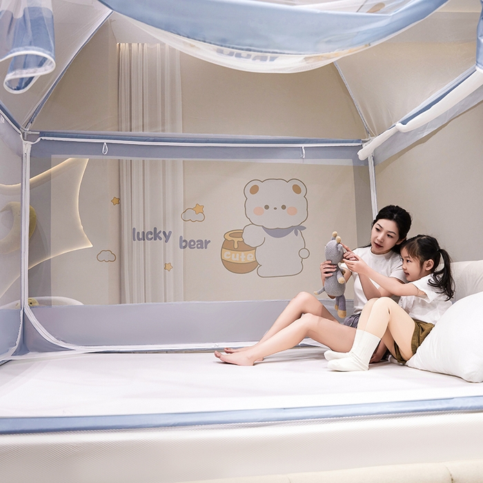 91家纺网 家纺一手货源 找家纺 青竹苑 2024新款围栏款印花坐床蚊帐蒙古包防摔睡帐 围栏-可爱熊