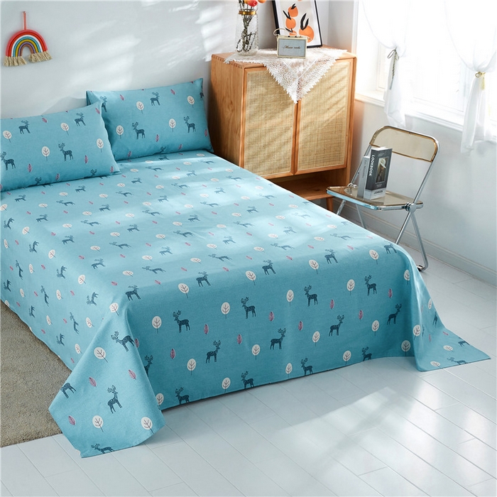 91家纺网 家纺一手货源 找家纺 棉乐町家居 2025新款爆款印花老粗布床单系列 麋鹿-蓝