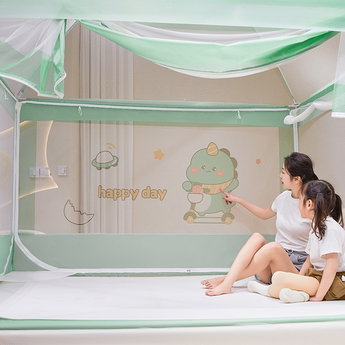 91家纺网 家纺一手货源 找家纺 青竹苑 2024新款围栏款印花坐床蚊帐蒙古包防摔睡帐 围栏-萌萌龙