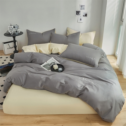 91家纺网 家纺一手货源 找家纺 多品家纺 2024新款全棉纯色绣花四件套 绅士灰+米黄