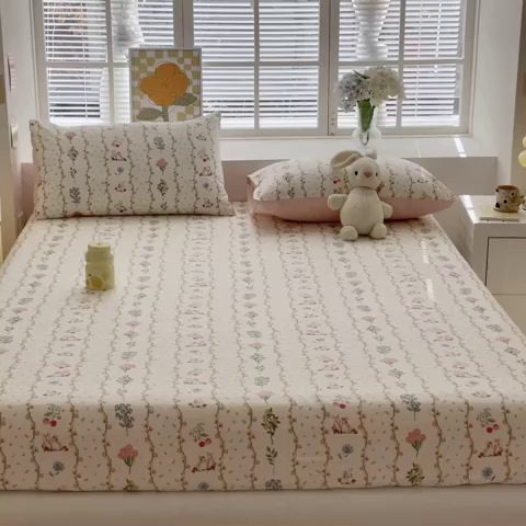 91家纺网 家纺一手货源 找家纺 清雅福 2024新款全棉13372小清新单床笠 枝间梦