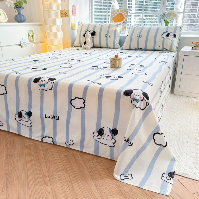 91家纺网 家纺一手货源 找家纺 清雅福 2024新款全棉13372小清新单床单 条纹狗狗