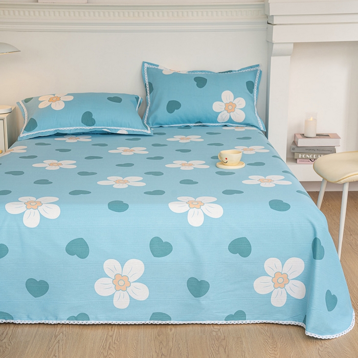 91家纺网 家纺一手货源 找家纺 棉乐町家居 2025新款花边老粗布印花床单系列 花心-蓝