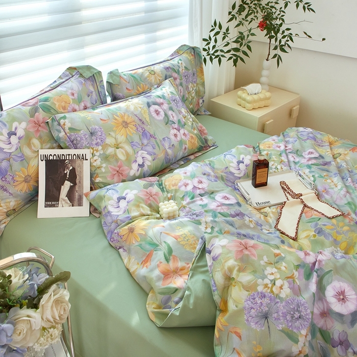 91家纺网 家纺一手货源 找家纺 启航家居 2025春夏全棉铂金棉数码印花四件套 洛香忆梦绿