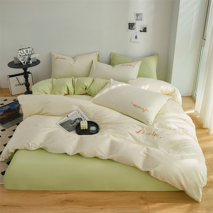 91家纺网 家纺一手货源 找家纺 多品家纺 2024新款全棉纯色绣花四件套 奶昔黄+奶绿