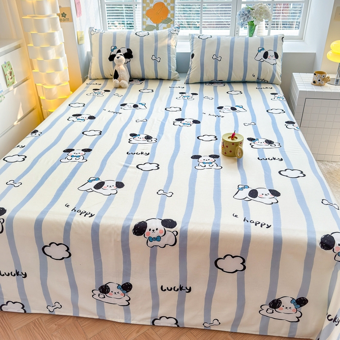 91家纺网 家纺一手货源 找家纺 清雅福 2024新款全棉13372小清新单床单 条纹狗狗