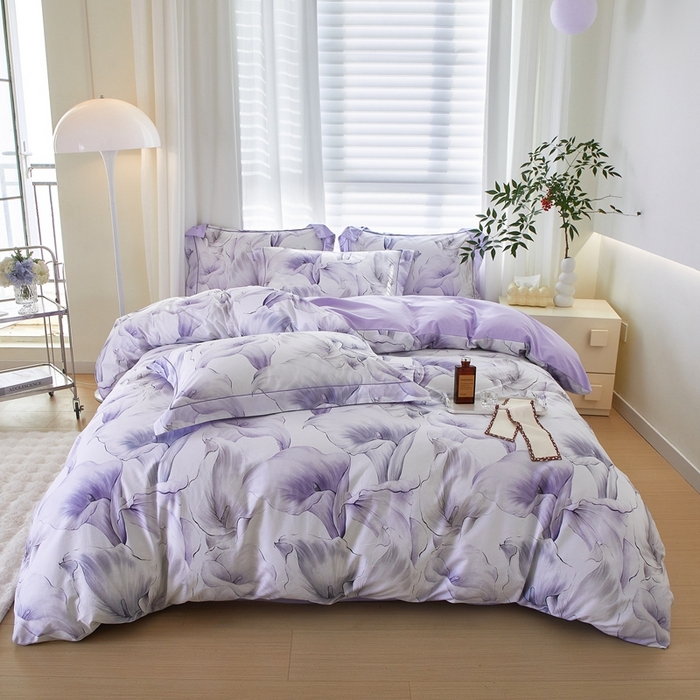 91家纺网 家纺一手货源 找家纺 启航家居 2025春夏全棉铂金棉数码印花四件套 步步生莲紫