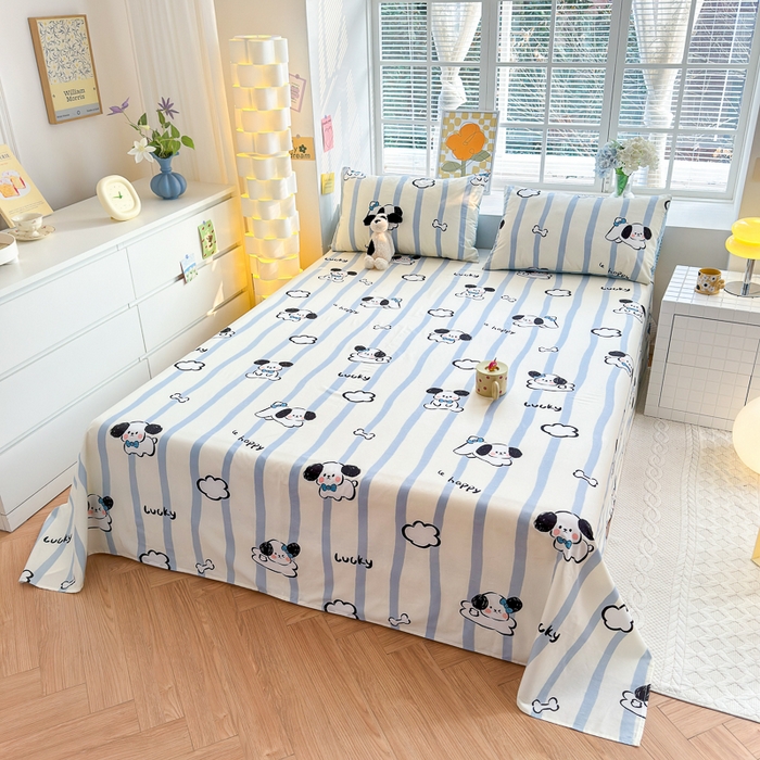 91家纺网 家纺一手货源 找家纺 清雅福 2024新款全棉13372小清新单床单 条纹狗狗