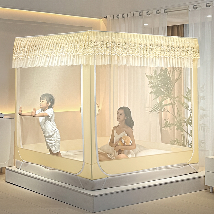 91家纺网 家纺一手货源 找家纺 青竹苑 2024新款内穿蕾丝花边坐床蚊帐 爱丽丝-嫩黄