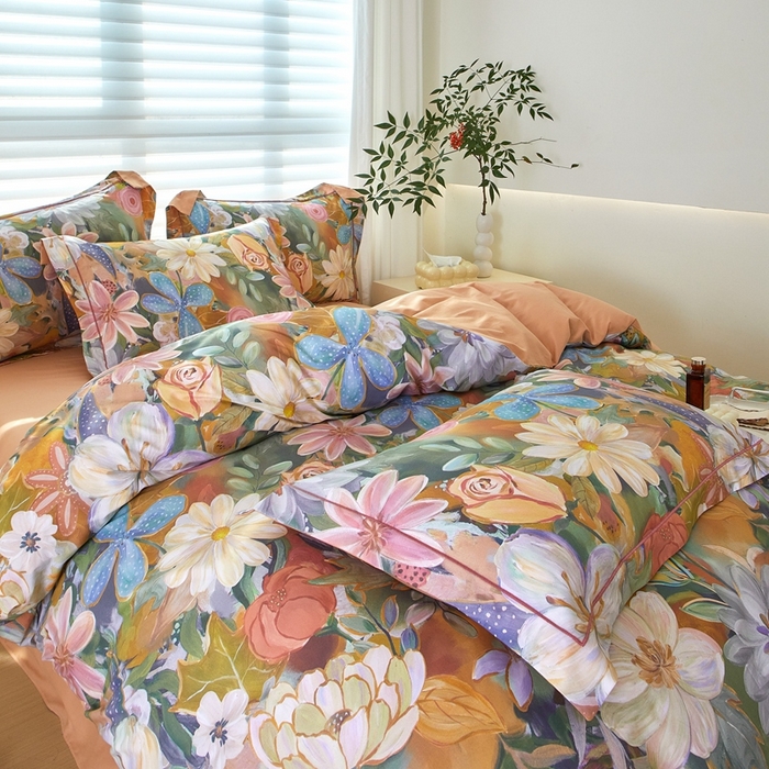 91家纺网 家纺一手货源 找家纺 启航家居 2025春夏全棉铂金棉数码印花四件套 花的嫁纱桔