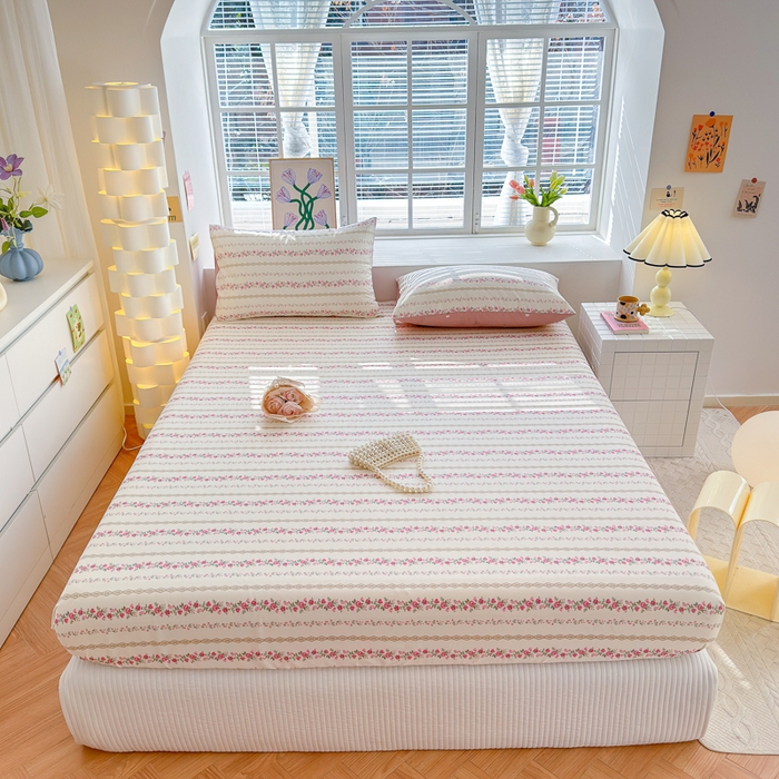 91家纺网 家纺一手货源 找家纺 清雅福 2024新款全棉13372小清新单床笠 玫瑰物语