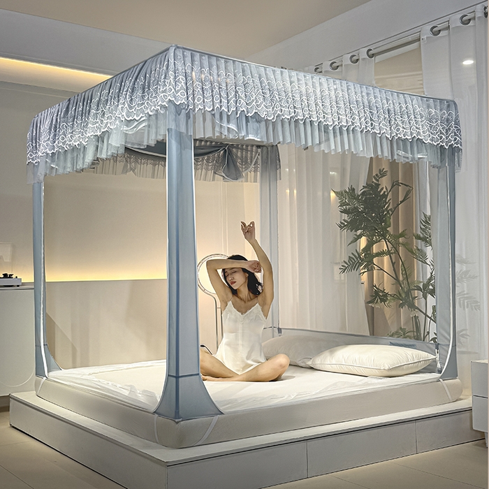 91家纺网 家纺一手货源 找家纺 青竹苑 2024新款内穿蕾丝花边坐床蚊帐 爱丽丝-蓝灰