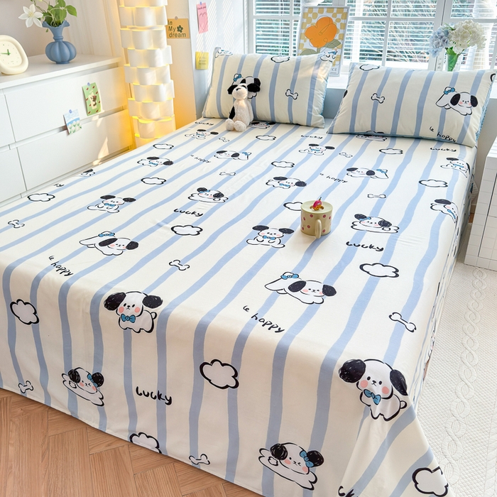 91家纺网 家纺一手货源 找家纺 清雅福 2024新款全棉13372小清新单床单 条纹狗狗